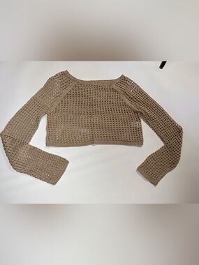 Love Tree Taupe Crochet Open Knit Cropped Sweater Bell Sleeve Medium